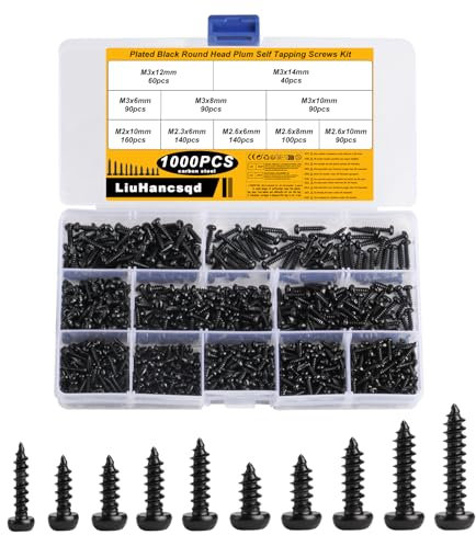 1000 Pz M2 M2.3 M2.6 M3 Viti Autofilettanti per Legno, Viti a Testa Pan Nere, Viti per Legno, Kit Assortimento Viti Torx a Testa Tonda Piccola per Lamiera di Legno in Plastica