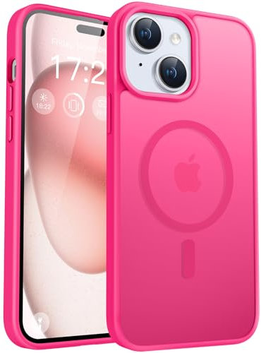 PuyaTeya für iPhone 15 Hülle, mit Magnetisch, Militärschutz Transluzent matt stoßfest Anti-Kratzen/Anti-Fingerprint/Anti-Glatte Handyhülle für iPhone 15 (Neon Pink)