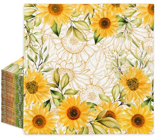 FYSUIMU Einweg-Servietten mit Sonnenblumen-Motiv, Aquarell, Sonnenblume, Gelb, Blumenmuster, Papierservietten, Mittagessen, Abendessen, Servietten für Frühling, Sommer, Party, Tischzubehör, 100 Stück