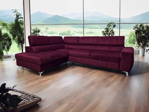 COMFORTINO FURNITURE Ecksofa mit Schlaffunktion London L-Form, Sofa Couch mit Bettkasten, Sofa Eckcouch, Schlafsofa für Wohnzimmer, Sofa Couch mit Schlaffunktion und Bettkasten (Lila, Ottomane Links)