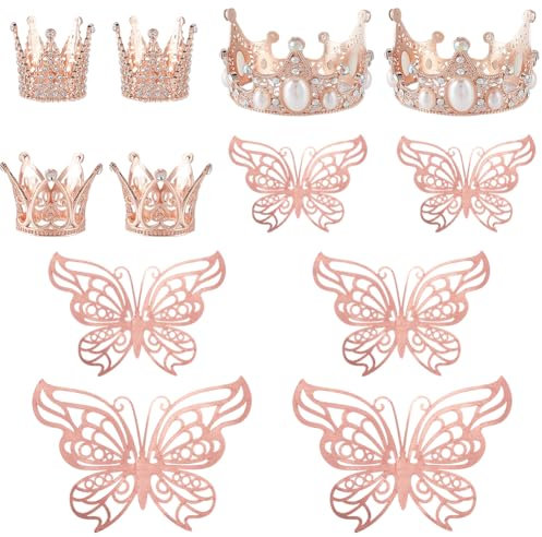SOFPLATE 30Pcs Crown and Butterfly Cake Topper Princess Crown Topper with Stickers Rose Gold 3D Hollow Small Mini Tiara Alloy Rhinestone Toppers for Wedding Birthday Cake Flower Party DIY Decoration