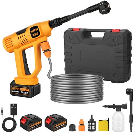 MYPIN Lavadora a presión inalámbrica, con pantalla LCD, lavadoras a presión portátiles 6 en 1 con 2 baterías, manguera de 5 m, 10 modos de presión ajustables para limpieza de jardín
