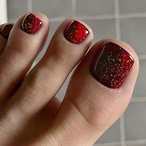 24Pcs Red Glitter Press on Toenails, Glossy French Tip False Toe Nails, Short Square Artificial Summer Fake Toe Nails, Solid Color Acrylic Glue on Toenails for Women Girls Pedicure Decorations