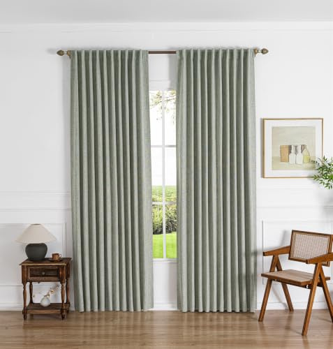 Gleantdeco 100% Verdunkelungsvorhänge 245 cm Länge Grün 2-TLG. Landhausvorhänge Wohnzimmer Dunkelheitsthermik Strukturierter Flachsleinen-Stoff Inkl. Haken & Ringen
