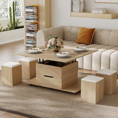 Homary Höhenverstellbarer Couchtisch mit Stauraum und 4 Hockern & Rollen – Multifunktionaler Wohnzimmertisch für kleine Räume