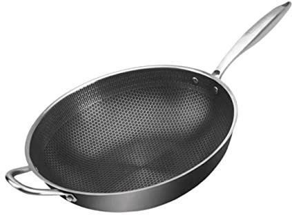 TOPPERFUN Inspired Stainless Steel Wok Frying Pan Ovenproof Easy Clean Indian Cookware Honeycomb Grain Stir-Fry Pan