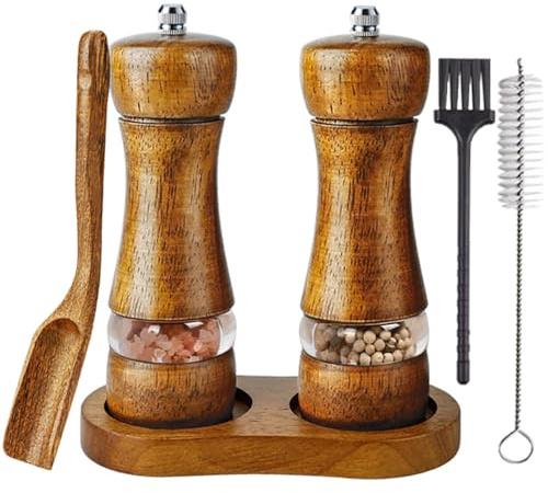 Auciej Salz und Pfeffermühle Holz Klein Pfeffer und Salzmühle mit Keramikmahlwerk Verstellbarem Manuelle Gewürzmühle 2er Set mit Untersetzer für Pfeffer Salz Gewürze 16,5 cm
