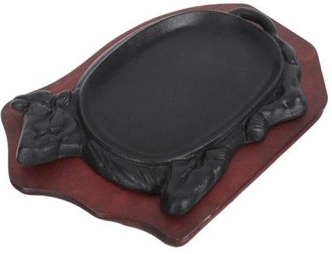 Ipetboom Piastra Ghisa Liscia per Bistecche a Forma di Bue in Ghisa Vassoio in Legno, Antiaderente, Facile da Trasportare per Cucina Domestica