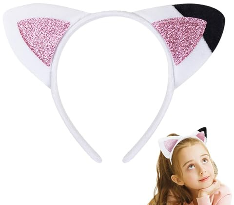 VYNZOR Katzenohren Haarreif Weiß Mit Pinkem Glitzer – 1 Stück Cosplay Haarreif Für Teenager Und Erwachsene, Katzen Kopfband Für Karneval, Mottoparty Und Halloween Kostüm Zubehör