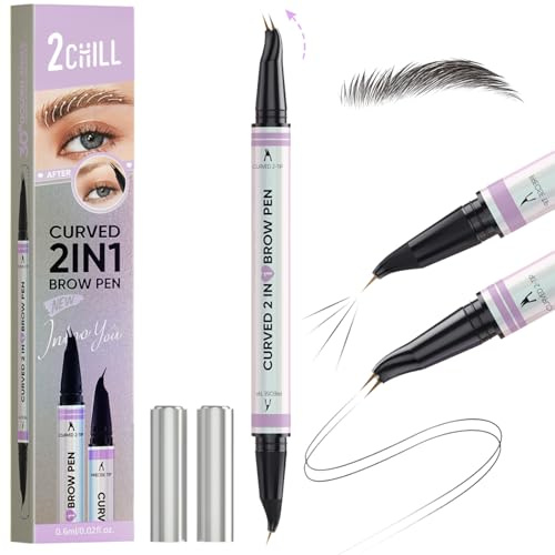 2CHILL Crayon à Sourcils Incurvé à 30 °, 2 en 1 Eyebrow Pen, Imperméables Avec 2 Conseils, Cosmétique Microbladants Vifs pour Femme (Noir)