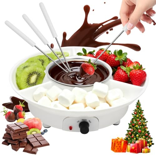DASIAUTOEM Schokoladen Fondue Set, 260ml Elektrisches Schokoladen mit 2 Temperaturstufen, Abnehmbare Servierplatten & 4 Spießen, Käsefondue Sets für Süßigkeiten Butter Geburtstage, Party, Weihnachten