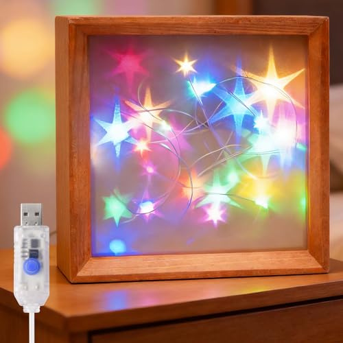Lustaled Mini Nachtlicht Kinder,12cm x 12cm Schattenbox-Rahmen mit 8 Modi Lichterkette & Sternentransparentfolie,3m/9ft USB-Kabel für Kinderzimmer-Deko,Dekorative/Stimmungsbeleuchtung