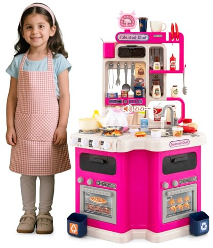 HOMASIS Cocina de Juguete con Sonidos y Luces, Juego de rol de Cocina con 75 Piezas, Agua al Vapor, Grifo con Agua y Fregadero, para Niños a Partir de 3 Años (Rosa)