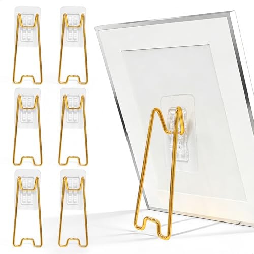 mongtsamz Soportes para Marcos de Fotos, 6 Piezas de Metal Soportespara Marcos de Fotos con Autoadhesivos Soporte Vertical para Marcos de Fotos Sin Taladrar Para Salón Oficina Estudio, Dorado