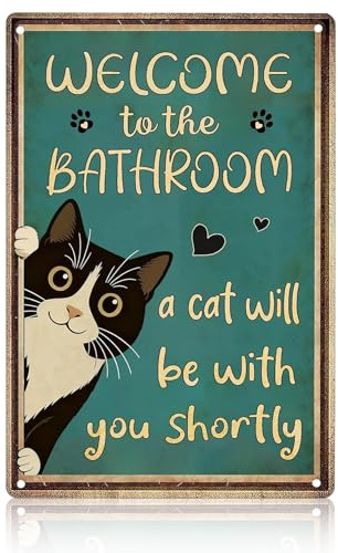 Riveta Vintage Black Cat Metal Signs, Welcome to the Bathroom Sign, A Cat Will Be With You Shortly Funny Signs and Plaques, Retro Wall Art Decor for Bathroom Washroom Toilet, 8x12 Inch