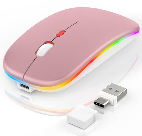 FYBC LED Bluetooth Maus Kabellose, Wiederaufladbare Maus für iPad MacBook PC Laptop Computer, Tragbare Schlanke Leise, 3 Modi Bluetooth 5.2/3.0 & 2.4G USB-A/USB-C Anschluss mit Jiggler Mouse, Roségold
