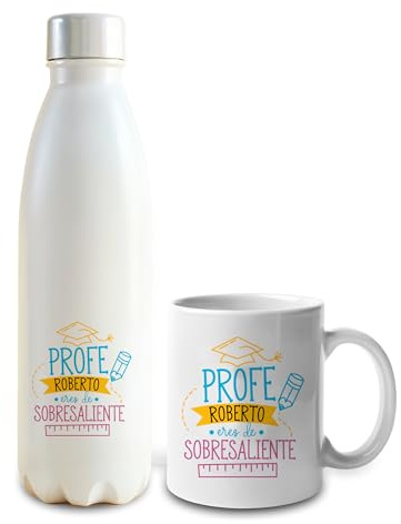 Genérico Pack Botella Térmica + Taza Personalizada | Pack Regalo para Profesores | Incluye Botella + Taza | Regalos para Profesores | Regalos Personalizados con Nombre
