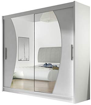 Mirjan24 Kleiderschrank mit Spiegel London IX, Schwebetürenschrank, Schiebetürenschrank, Modernes Schlafzimmerschrank 180x215x58cm, Garderobe, Schlafzimmer (Weiß)