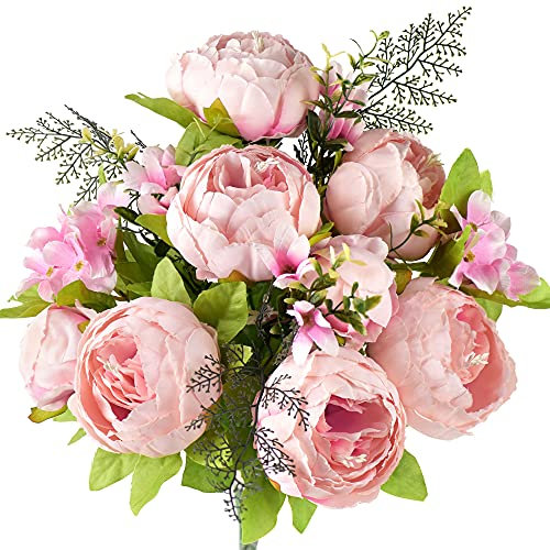 FiveSeasonStuff Vintage Artificial Flowers Light Pink Peony and Hydrangeas (1 Bouquet)