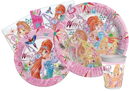 Kit Party Tavola Winx Tynix per 8 persone (44 pezzi: 8 piatti carta Ø23cm, 8 piatti carta Ø20cm, 8 bicchieri plastica 200ml, 20 tovaglioli carta 33x33cm)