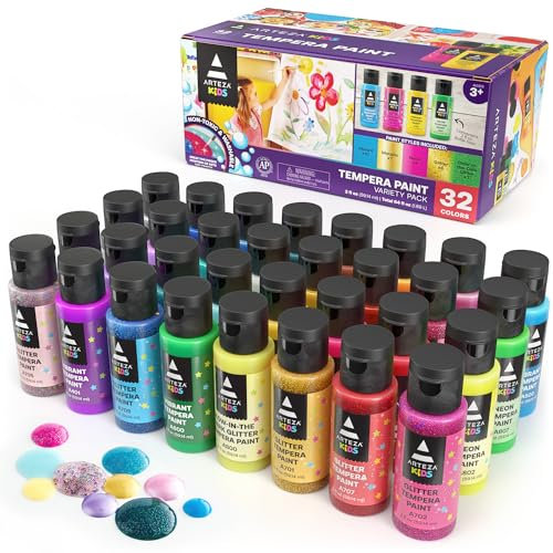 Arteza Kids Temperafarbe, 32-er Set, 60ml Flaschen, Posterfarbe für Bastelprojekte, Schwamm-Malerei & Fingermalerei, neon-, glitzer- und nachtleuchtende Farben