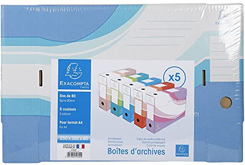 Exacompta - Réf. 79530E - Lot de 5 boîtes archive en intérieur kraft - Dos de 80 mm - Dimensions 25 x 35 cm - Pour format A4 - Couleurs assorties, beige, bleu, rose, rouge et vert - Livrées à plat