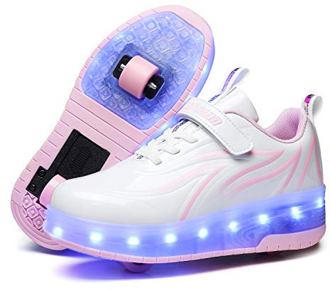 Unisex Kinder LED Licht USB Wiederaufladbar Skateboardschuhe mit Doppelrad Rollen,Drucktaste Einstellbare Roller Skates, Outdoor Sport Fitnessschuhe Gymnastik Running Sneaker
