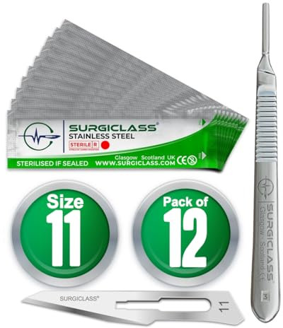 Pack of 12 Surgical Scalpel Surgical Blades # 11 Stainless Steel Sterile and Handle No 3 Perfect for Wood Art, Surgical, Sculpting, Repairs, Lab Anatomy, Sign, Card Making Lab Trai SURGIGR11-15