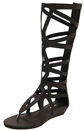 Jamron Damen Knie Hoch Römische Gladiator Sandalen Nieten Besetzt Riemchensandalen Reißverschluss Zehensandalen Schwarz SN602C027 EU40