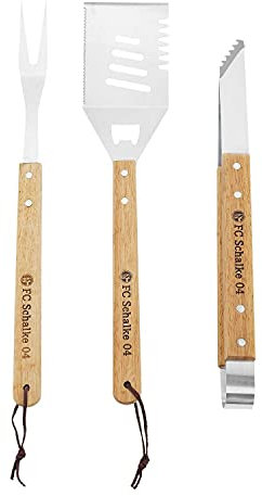 FC Schalke 04 Grillbesteck 3-teilig Zange, Gabel und Wender Metall Besteck S04 mit Holz - Plus Lesezeichen I Love Gelsenkirchen