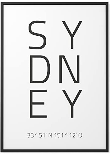 Papierschmiede® Geo Poster Koordinaten Sydney, A4 Gerahmt im Holzrahmen (schwarz), Stadt Bild als Wanddeko für Wohnzimmer Schlafzimmer Küche Esszimmer, Australien Down Under