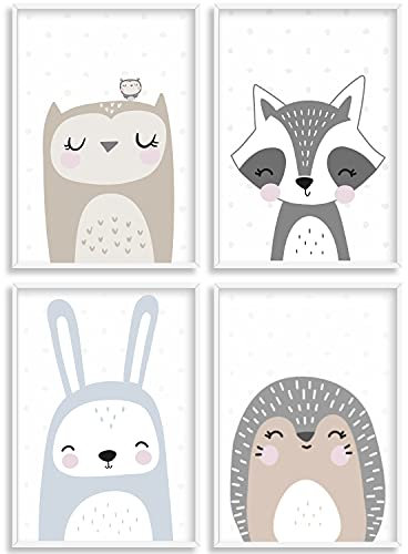 HappyArts® | Kinderzimmer Bilder A4 Poster 4er Set Deko Mädchen Junge Babyzimmer | Skandinavische Tiere Hase Igel Eule Waschbär OHNE RAHMEN