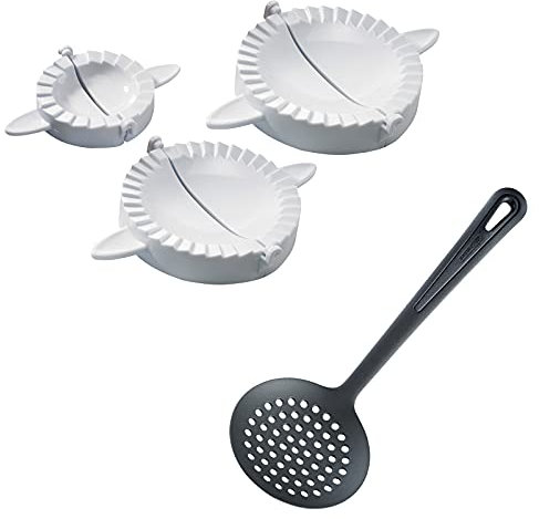 Westmark Set para raviolis, 4 unidades, 3 Moldes de ravioles, Ø 9, 9,5/12/15,5, 5 cm + 1 Espumadera Gentle, Longitud: 32, 2 cm, PP/PA, Blanco/negro, 613422E6