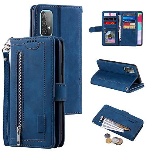 EYZUTAK Handyhülle für Samsung Galaxy A53 5G Hülle,Flip Case Lederhülle Reißverschluss Magnetverschluss Brieftasche mit 9 Kartenfächern Standfuntion Retro Matt Ledertasche-Blau