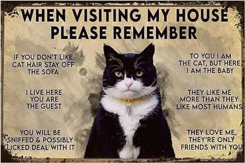 HOUVSSEN Funny Cat When Visiting My House Plaque - Cat Lovers Metal Tin Wall Sign - Visitors Note Vintage Plaque 8x12 Inch