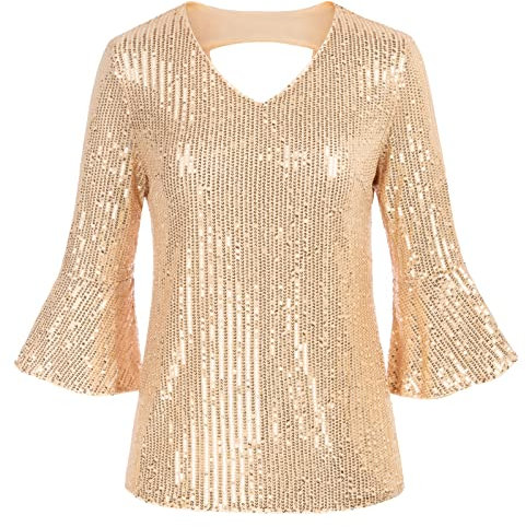 GRACE KARIN Women's Elegant V Neck Vest Tops Loose Fit Smooth Long Sleeve Blouse Shirts for Party Night Out Light Gold M