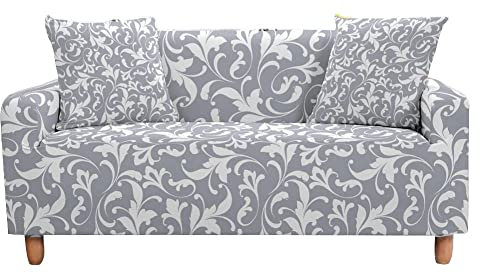 Highdi Klassisch Vintage Sofabezug Sofaüberwürfe für 1/2/3/4 Sitzer, Armlehnen Sofa Cover Elastisch Stretch Antirutsch Sofa Cover Sofahusse Couchbezug Möbelschutz (3 Sitzer,Grauer Jacquard)