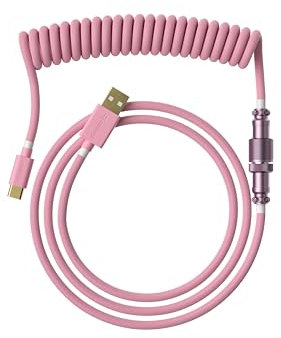 Ranked Coiled Keyboard Cable | Handcrafted Double-Sleeved Braided Cable | USB Type C to A | 5-Pin Aviator Connector for Custom Mechanical Gaming Keyboard | Support Fast Charge 20W (Pink)