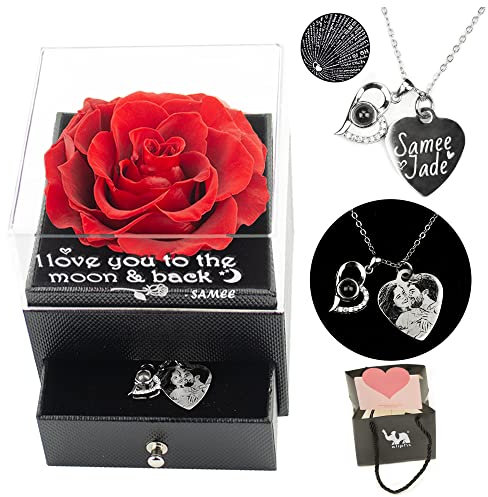 Eliphs Personalised Preserved Real Rose Eternal Photo engraved Pendent, Gift Box Forever Rose Gifts for Her Girlfriend Mother Valentine's Day, Mother's Day (Box Engraved Only)