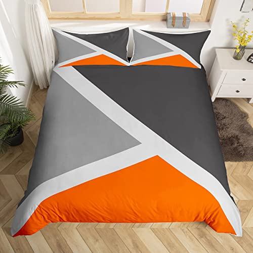 Homewish Geometric Triangle King Size Duvet Cover Set with 2 Pillowcases - 100% Soft & Breathable Polyester, Zip Closure - Orange Gray Patchwork Bedding - Modern Simple Pattern with Black Reverse