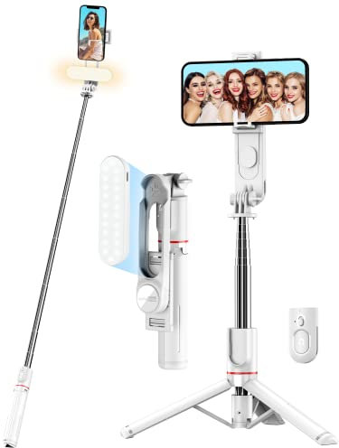 Perche à Selfie avec Trépied Amélioré - Longue Lumière LED, 111cm Trépied pour Téléphone avec Télécommande Détachable pour Voyages, Vlogs et Photos, Compatible Smartphones, Appareils Photo et GoPro