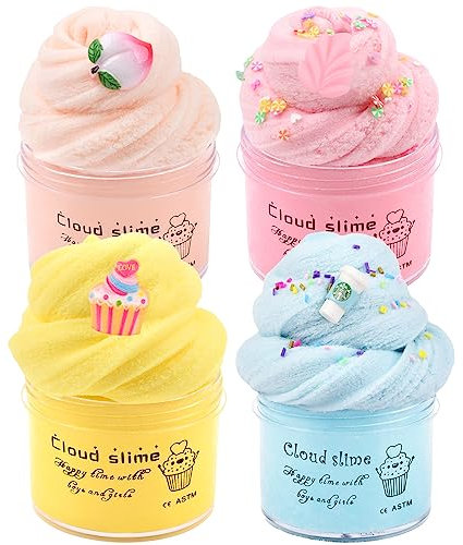 4 Pack Cloud Slime Kit, Non-Sticky Fluffy Slime, Stress Relief Scented Slime Toy for Kids Education, Party Gift and Birthday Gift