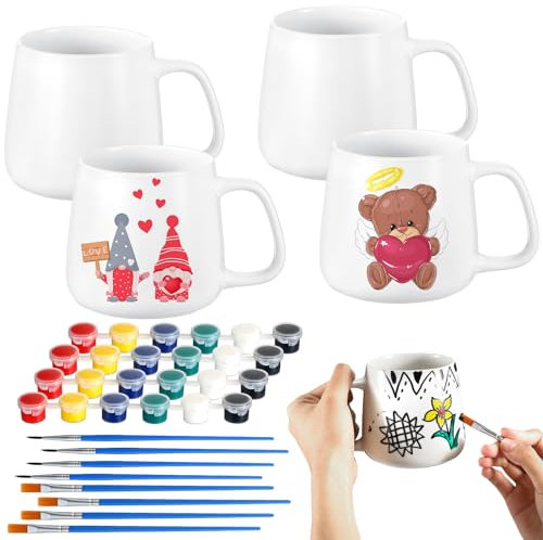 Tticai 4 Sets Paintable Mugs Painted Mug Kits Ceramic Mug to Paint 4 Pcs Blank Coffee Mugs and 4 Pcs Painting Supplies Paint Your Own Mug DIY Coffee Mugs Mug Painting Kit Art and Crafts for Adults