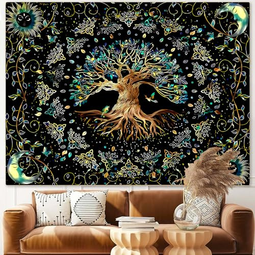 Moon Phase Baum des Lebens Tapisserie Natur Blume Pflanze Schmetterling Wandteppiche Boho Mandala Spiritueller Wandteppich Ästhetischer Wandbehang für Wohnkultur Schlafzimmer Wohnzimmer Schlafsaal