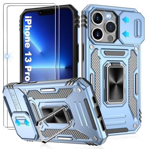 Jshru for iPhone 13 Pro Case with Screen Protector [2 Pack] and Slide Camera Cover,Military Grade Shockproof,Ring Kickstand Phone Cover for iPhone 13 Pro,Light Blue