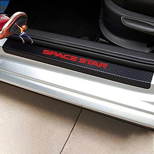 YUPACK 4 Stück Auto Einstiegsleisten Lackschutzfolie für Mitsu-bishi ASX Pajero L200 Lancer Mirage Tuning Zubehör, Kohlefaser Türstufenschutz Aufkleber mit Logo - Innen-Styling-Zubehör,Space Star Red