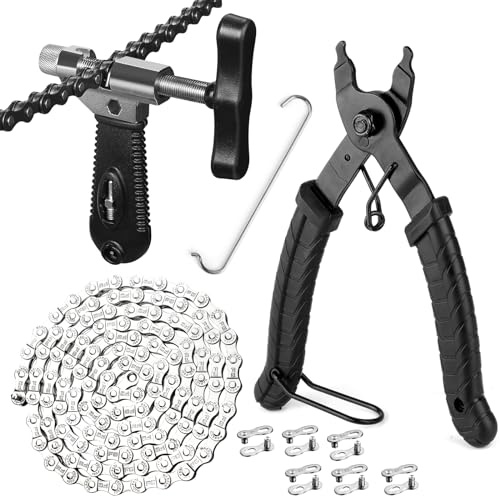 Bike Chain Tool Kit with 6/7/8 Speed Chain, Bike Chain Breaker with Hook, Link Plier and 6 Pairs Bicycle Buckle for Road Mountain Racing Cycling