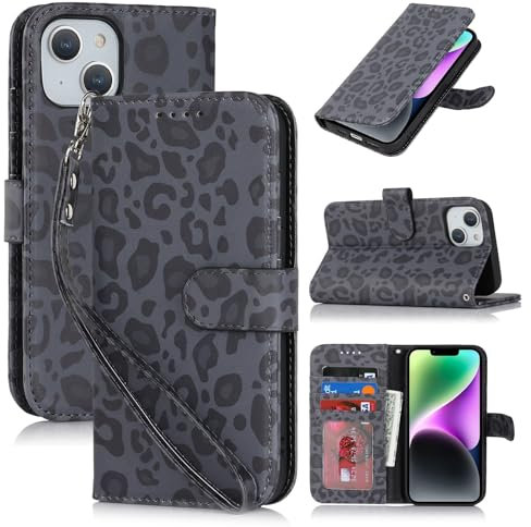 Zouzt Case for iPhone 14/13 (6.1 Inch), Premium PU Leather Wallet Case with Credit Card Holder Slot Flip Folio Kickstand Shockproof Protective Phone Cover (Black Leopard Pattern)