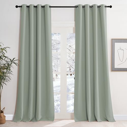 KGORGE Thermovorhang Vorhänge Wohnzimmer Modern Blickdichte Gardinen Salbeigrün Ösenvorhang 2er Set Verdunklungsvorhänge Übergardinen mit Ösen, 245 x 140 cm(HxB)