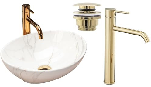 GTM Design Aufsatzwaschbecken Glanz Set mit Waschtischbatterie und Stopfen - Aufsatzwaschbecken Oval für Badezimmer - Modern Waschbecken ohne Hahnloch - Waschbecken mit Armature - Modell 16